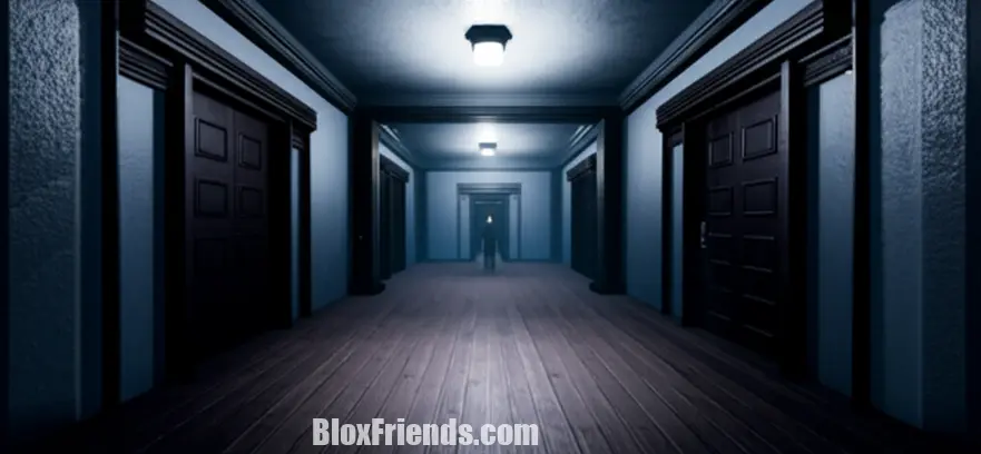 Cena de um jogo de terror realista no Roblox, mostrando um corredor escuro com detalhes visuais e uma silhueta misteriosa, sugerindo imersão e medo.