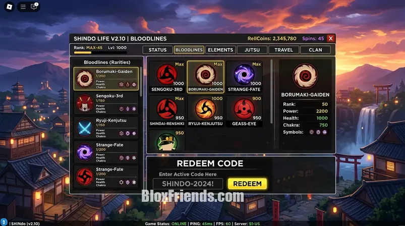 Tela do jogo Shindo Life mostrando a interface de resgate de códigos e uma lista de Bloodlines disponíveis para seleção.