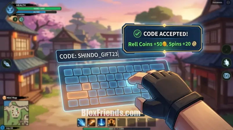 Mão de jogador digitando código em Shindo Life, com notificação de Rell Coins e Spins ganhos.