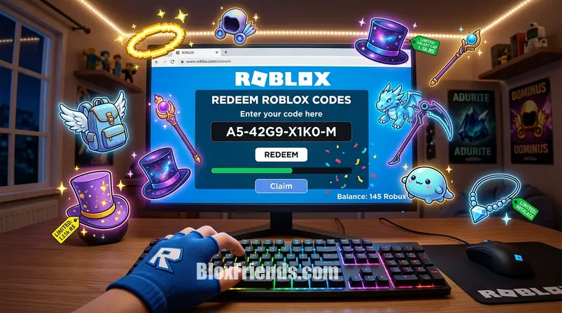 Mão digitando código Roblox em tela de computador, com itens UGC limitados flutuando.