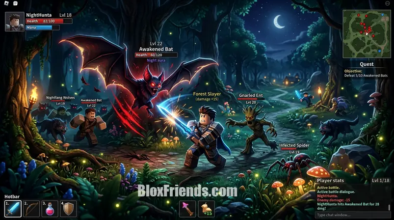 Jogador de Roblox em 99 Nights in the Forest combatendo Morcego Despertado e outros inimigos na floresta