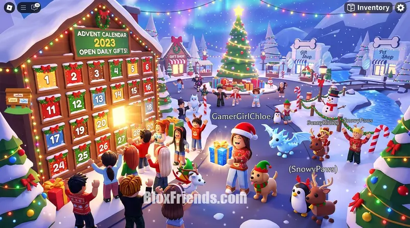 Imagem no meio do post com jogadores de Adopt Me! recebendo presentes festivos de um calendário do advento no jogo.