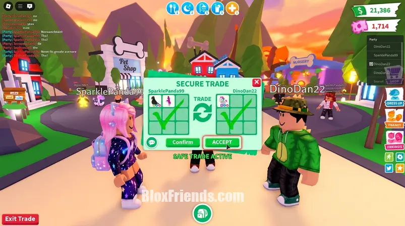 Captura de tela da janela de troca segura de Adopt Me! mostrando uma transação justa de pets.