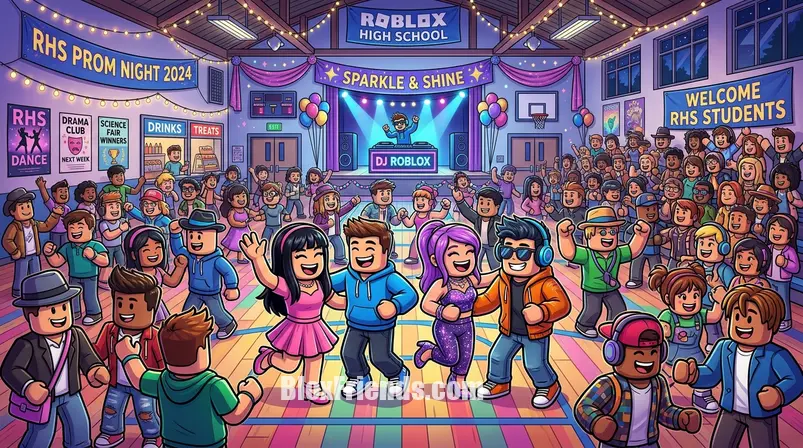 Avatares de Roblox em um cenário de roleplay de high school, talvez em um baile ou evento escolar, cheios de emoção e interação.