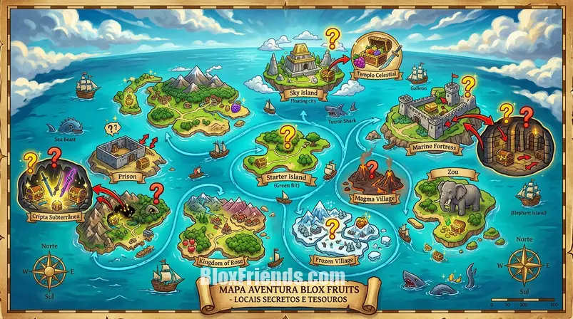 Ilustração de um mapa de Blox Fruits com locais marcados e ícones de espadas, representando a busca por itens secretos.