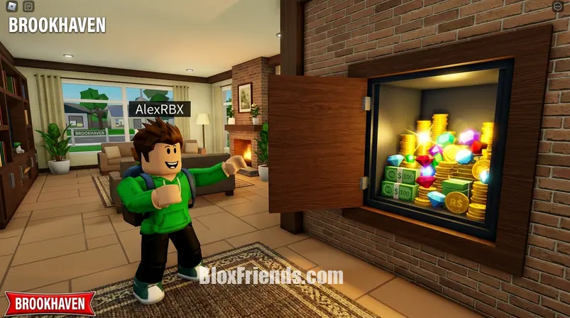 Imagem de dentro de uma casa em Brookhaven RP, com um personagem Roblox abrindo um cofre secreto escondido atrás de uma parede falsa.