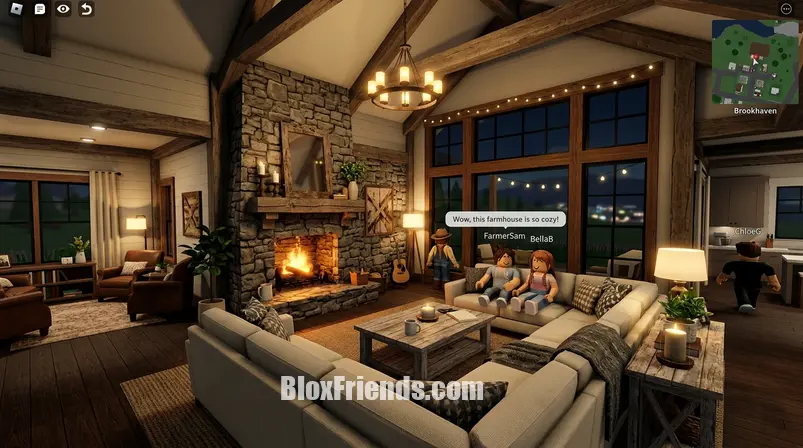 Vista interna de uma sala de estar decorada com móveis rústicos e acolhedores na Casa de Fazenda de Brookhaven RP.