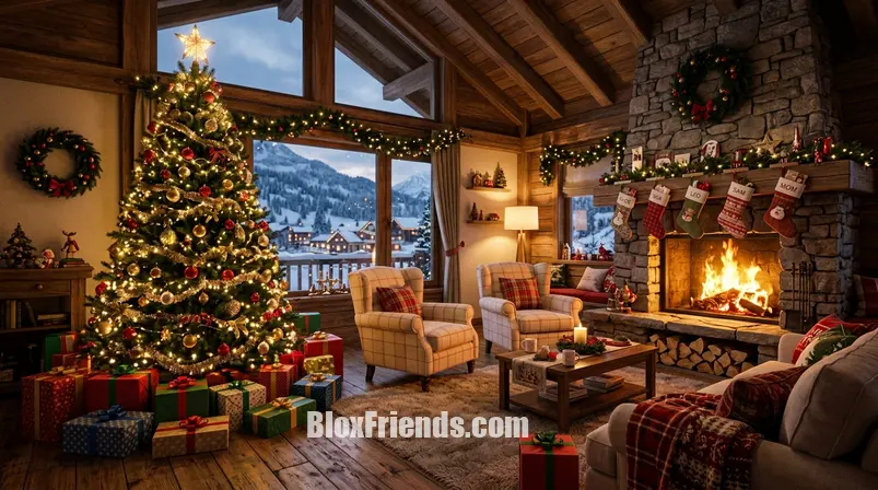 Imagem no meio do post com o interior de uma sala em Brookhaven RP decorada com uma árvore de Natal, lareira e presentes.