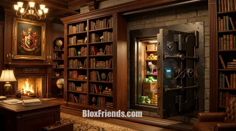 Imagem de dentro da Mansão Wolf Den Estate em Brookhaven, mostrando um cofre oculto.