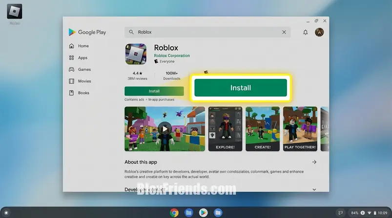 Captura de tela da Google Play Store em um Chromebook, destacando o botão 'Instalar' do aplicativo Roblox.