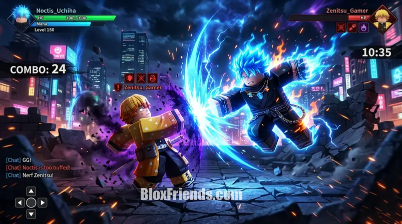 Imagem no meio do artigo sobre Jujutsu Shenanigans, ilustrando personagens Roblox com efeitos de nerf e buff em combate intenso.