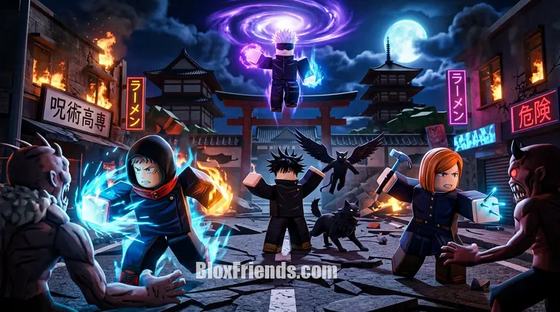 Grupo de personagens de Roblox com skins de Jujutsu Kaisen em uma batalha épica de roleplay.