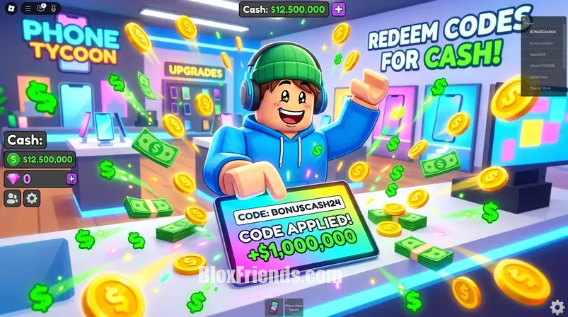 Personagem de Roblox em Phone Store Tycoon inserindo um código em um tablet, com moedas virtuais flutuando, ilustrando ganhos extras.