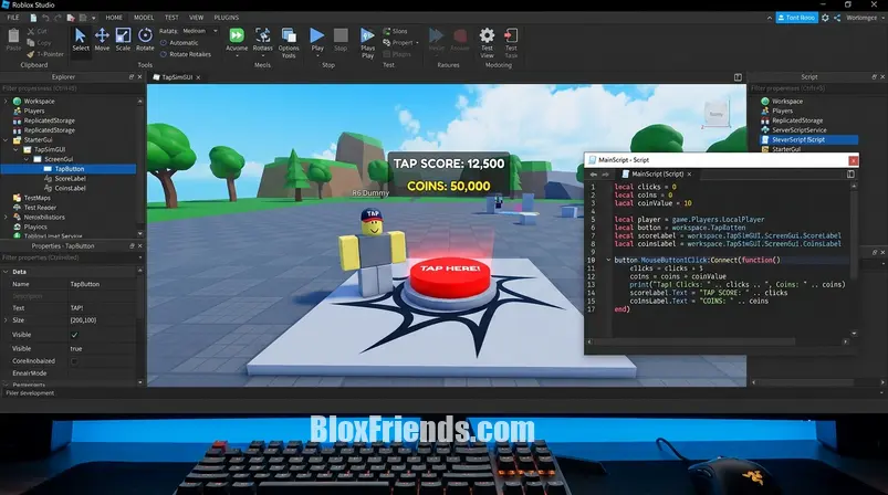 Captura de tela do Roblox Studio mostrando a interface de um Tap Simulator básico, com botão de clique, labels de texto e um script editor aberto.