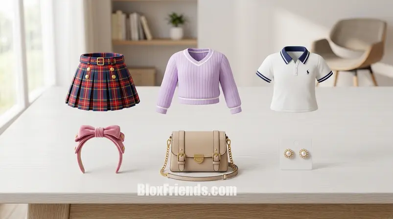 Coleção de itens de avatar Roblox estilo preppy: camisa polo, suéter, saia plissada, óculos e bolsa.