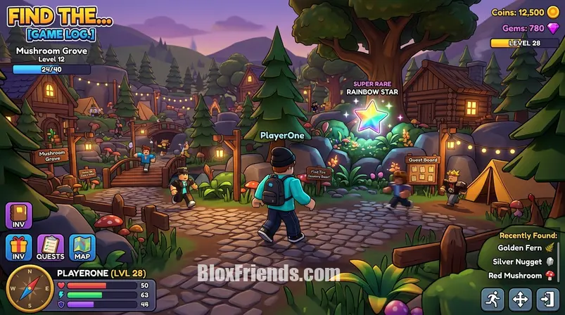 Imagem de gameplay de um jogador de Roblox encontrando um item raro em um jogo 'Find The…'.