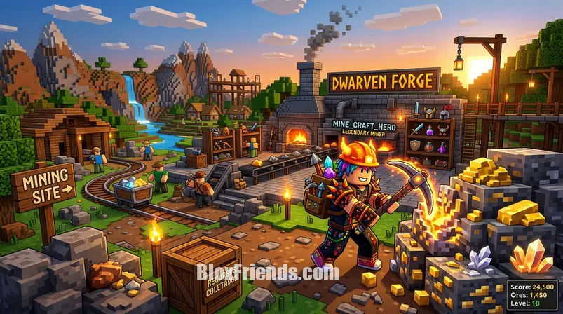 Personagem de Roblox coletando minérios em um jogo Tycoon com ambiente de forja e recursos.