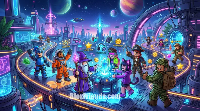 Avatares do Roblox colaborando em uma missão para ganhar itens gratuitos em um evento
