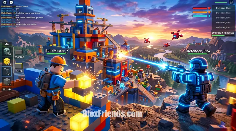 Two Roblox avatars collaborating to place a large wall section on their base, with enemies approaching in the background, illustrating base building and defense.