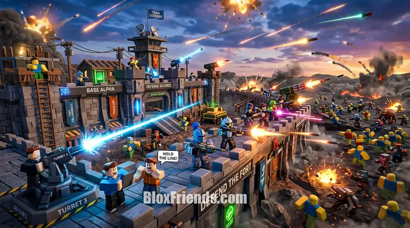 Avatares Roblox defendendo uma base detalhada contra inimigos.