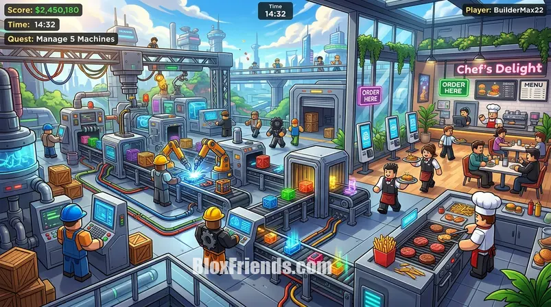 Cena movimentada de um restaurante ou fábrica futurista no estilo Roblox, com avatares gerenciando operações, ilustrando a jogabilidade de um Tycoon.