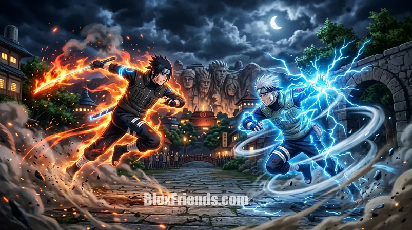 Combate intenso em Shindo Life, com dois ninjas utilizando diferentes bloodlines em um duelo épico, destacando a ação e as habilidades do jogo.