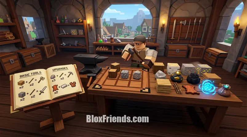 Mesa de crafting Roblox com ingredientes genéricos e livro de receitas aberto