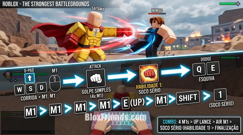 Fluxograma ou sequência visual do combo de golpes do Saitama em The Strongest Battlegrounds
