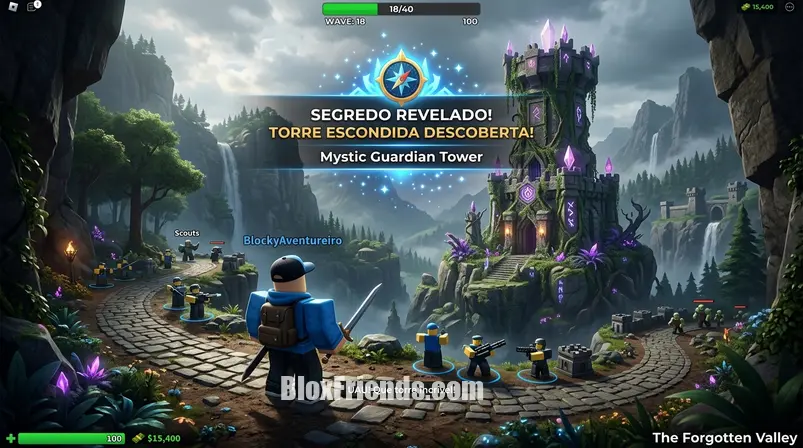 Imagem de um jogador de Roblox descobrindo uma torre secreta em um mapa de Tower Defense Simulator.