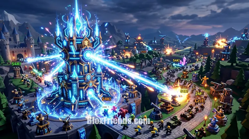 Imagem de uma torre de alto nível e poderosa no Universal Tower Defense, com efeitos especiais e detalhes de design.