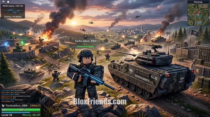 Captura de tela de Warfare Tycoon mostrando um jogador com arma avançada e um veículo de combate.