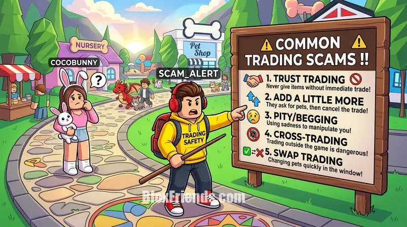 Personagem de Adopt Me! apontando para avisos sobre golpes de trading como 'trust trading'.