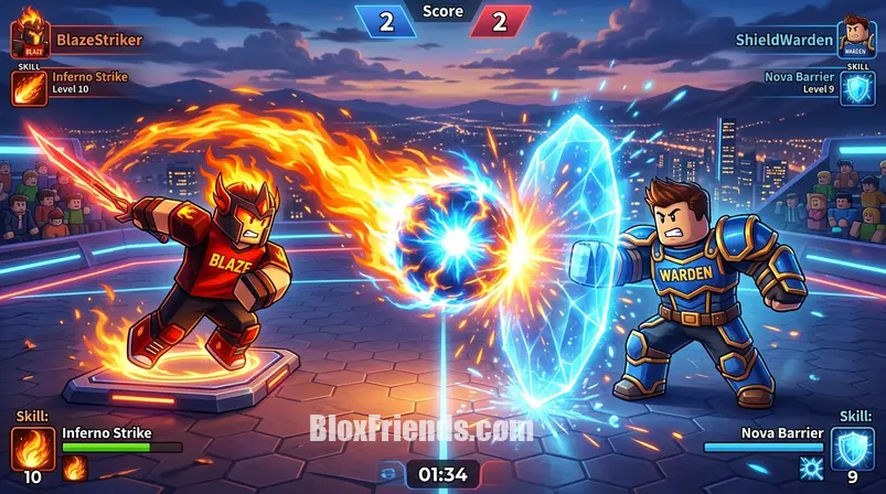 Confronto intenso em Blade Ball, com um jogador executando um Dash e outro ativando um Force Field. A bola de energia entre eles, emitindo um brilho roxo.