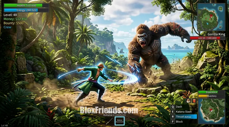 Captura de tela de um jogador de Blox Fruits iniciante enfrentando um chefe na Selva do Primeiro Mar.