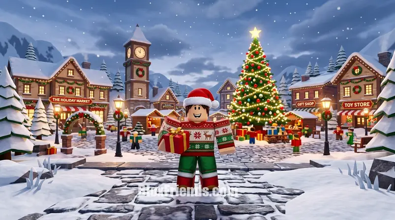 Avatar do Roblox vestido com um outfit temático de Natal, incluindo chapéu de Papai Noel e suéter festivo, em uma praça nevada do Roblox.