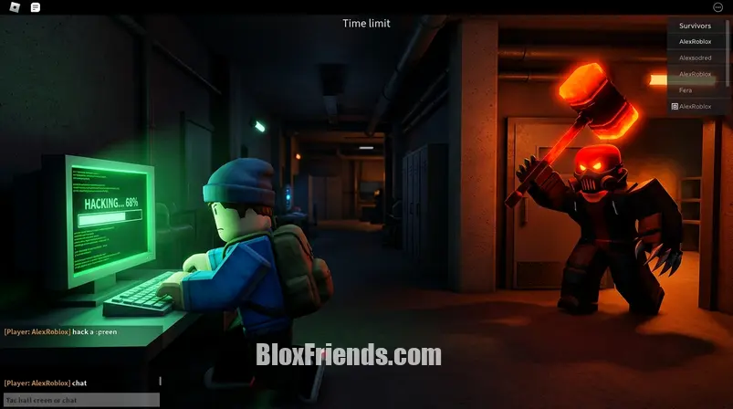 Imagem mostrando um sobrevivente hackeando um computador e a fera com seu martelo em Flee the Facility.