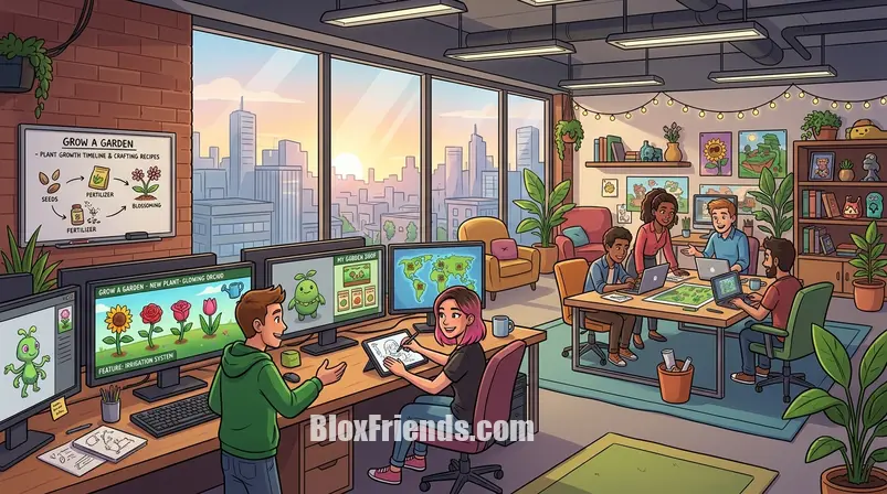Imagem do meio: Desenvolvedores de jogos Roblox trabalhando em ideias para Grow a Garden, com telas mostrando novas plantas e recursos.