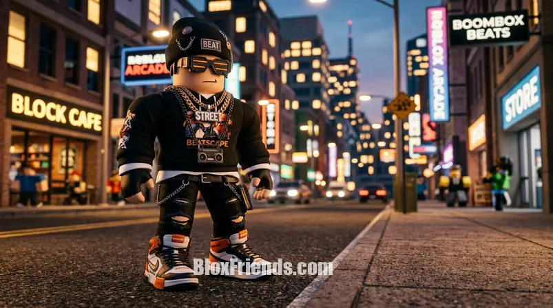 Detalhe de acessórios de avatar Roblox, incluindo correntes, boné de aba reta e óculos escuros, focando na estética "Street Beat".