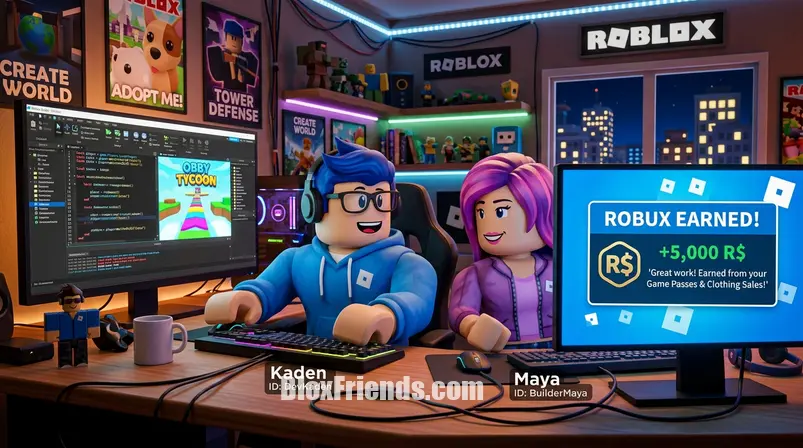 Dois personagens Roblox colaborando em computador, um mostrando desenvolvimento de jogo e outro notificação de Robux ganhos, ilustrando ganhos legítimos.