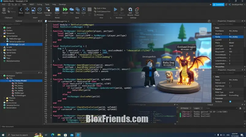 Captura de tela do Roblox Studio mostrando código Lua para mecânicas de crescimento de pet. Imagem contextual de desenvolvimento.