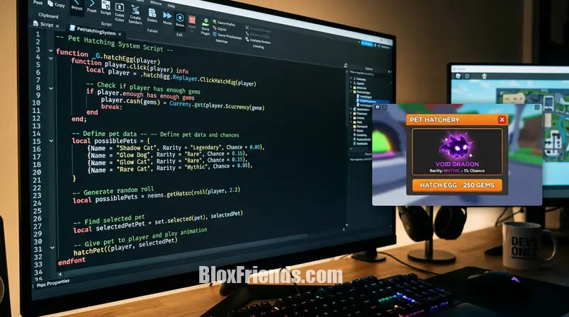 Uma captura de tela do Roblox Studio mostrando um script bem organizado para um sistema de eclosão de pets, com um elemento de UI para 'Chocar Ovo'.