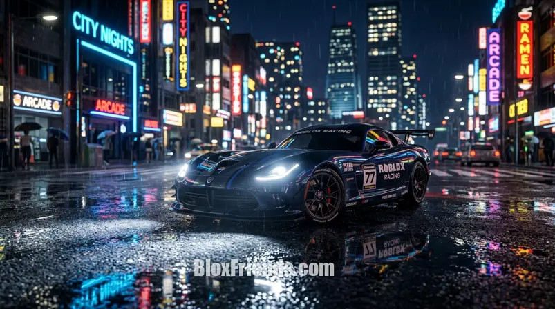 Carro realista em rua molhada de cidade noturna, destacando gráficos de Roblox.