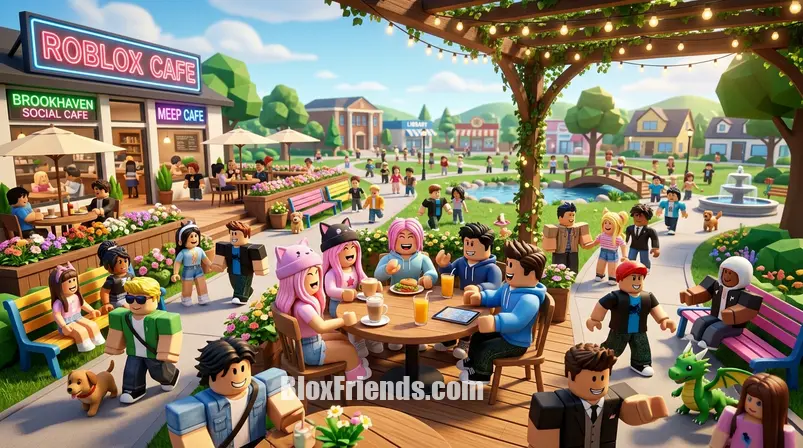 Avatares Roblox em um café virtual, conversando e rindo, ilustrando a socialização dentro do jogo.