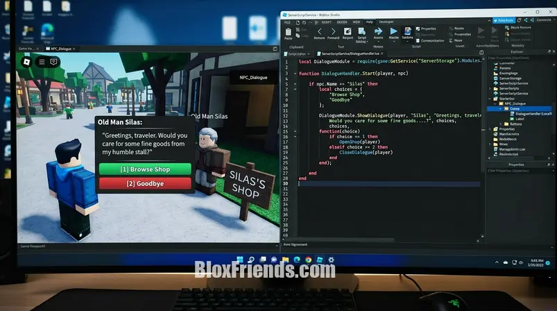 Captura de tela do Roblox Studio exibindo um script Lua para diálogo de NPC e um exemplo de interface de usuário de diálogo.