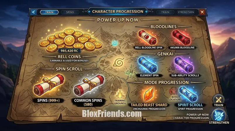 Visão detalhada de Rell Coins e pergaminhos de spin na interface do jogo Shindo Life.