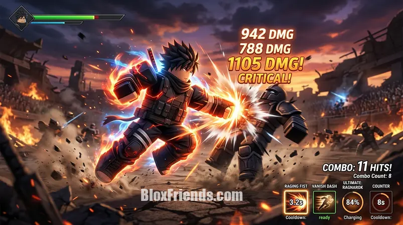 Imagem ilustrativa de um personagem em The Strongest Battlegrounds executando um combo de habilidades, com indicadores de dano.
