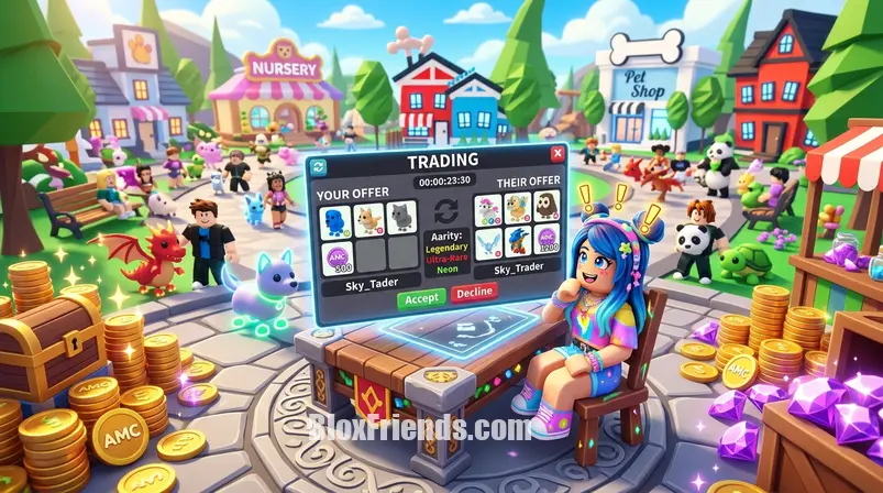 Imagem de um jogador de Adopt Me! avaliando opções de troca de pets raros em uma interface de jogo.