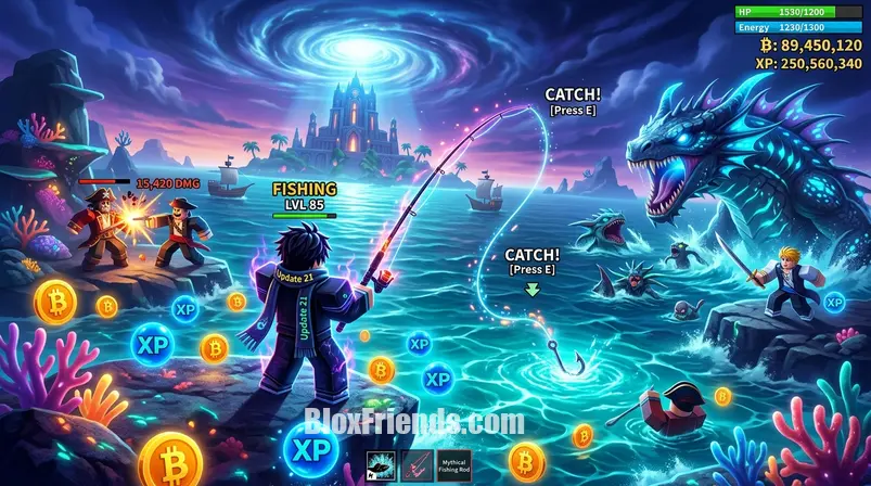 Cena de um jogador de Blox Fruits pescando em uma nova área do Update 21, com inimigos próximos e orbes de Beli e XP.