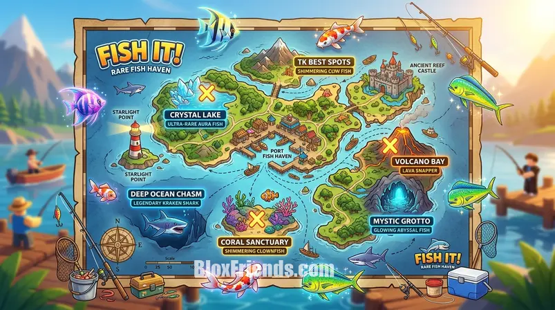 Mapa do jogo Fish It! destacando os melhores locais para encontrar peixes raros.