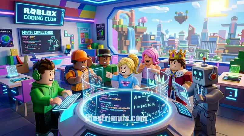 Roblox avatares infantis trabalhando juntos em um quebra-cabeça de código ou matemática em um cenário de sala de aula futurista.